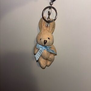 Cute Tan Bunny Keychain with Blue Bow